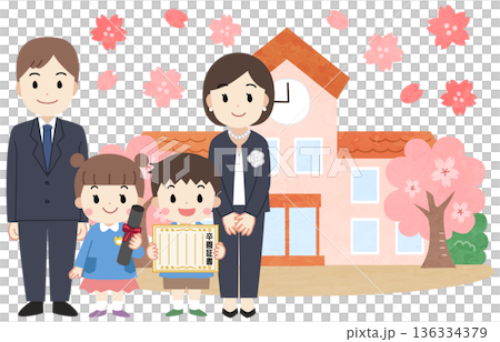 Illustration of parents and children attending a nursery school/kindergarten graduation ceremony Illustration of parents and children attending a nursery school/kindergarten graduation ceremony 136334379