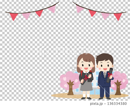 学校の前で笑顔で喜ぶ卒業生の子供たちのフレームイラスト 学校の前で笑顔で喜ぶ卒業生の子供たちのフレームイラスト 136334380