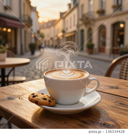 テラス席のカフェラテとクッキー テラス席のカフェラテとクッキー 136334426