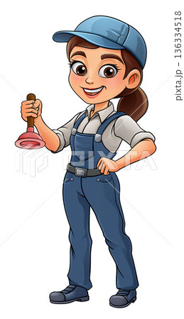 Woman Female Plumber Drain Plunger Cartoon Mascot 136334518