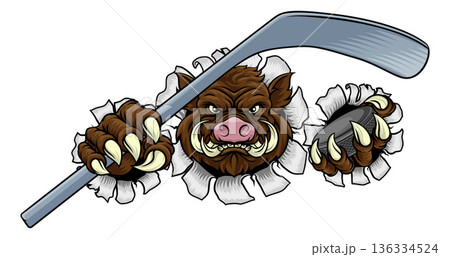 Boar Wild Hog Razorback Warthog Pig Hockey Mascot 136334524