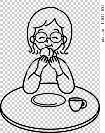 パンを食べる女性(線画) 136334653