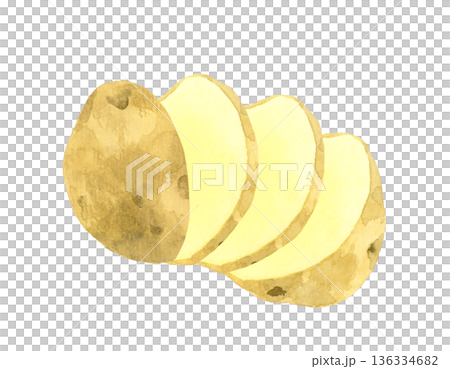 切好的馬鈴薯（切片/圓片） 手繪水彩蔬菜插圖 136334682