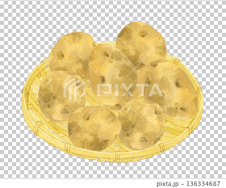 Potatoes on a bamboo basket - hand-drawn watercolor illustration of vegetables 136334687