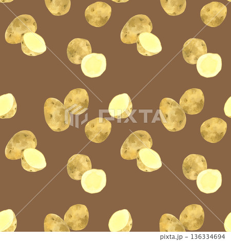 じゃがいものシームレスパターン　野菜の手描き水彩イラスト背景素材 136334694