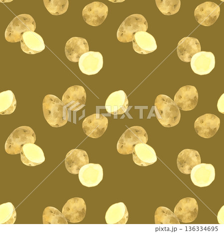 じゃがいものシームレスパターン　野菜の手描き水彩イラスト背景素材 136334695