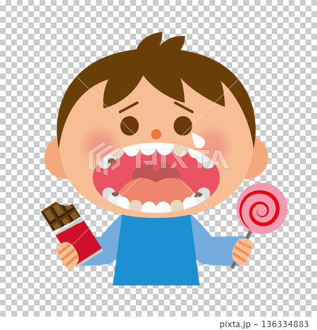 A child with lots of cavities holding candy A child with lots of cavities holding candy 136334883