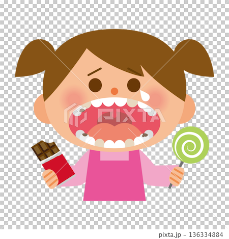 一個有很多蛀牙的孩子拿著糖果 136334884