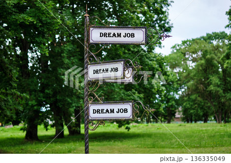 A decorative metal signpost stands in a vibrant green park, displaying three white signs all pointing to a Dream Job A decorative metal signpost stands in a vibrant green park, displaying three white signs all pointing to a Dream Job 136335049