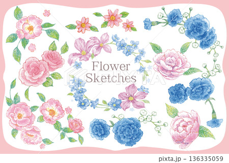 エレガントな花のイラスト素材セット。ベクターイラスト。 エレガントな花のイラスト素材セット。ベクターイラスト。 136335059