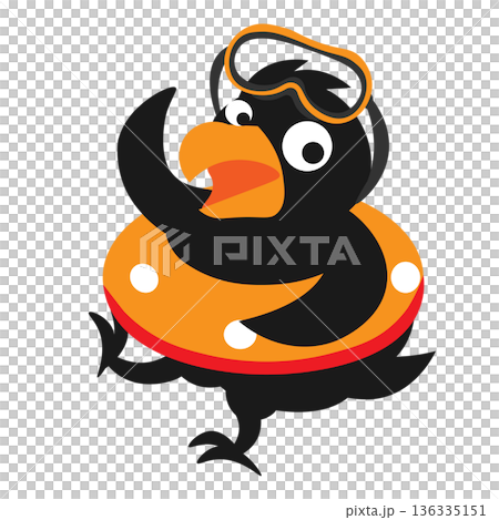 Illustration of a crow posing with a swim ring and goggles 136335151