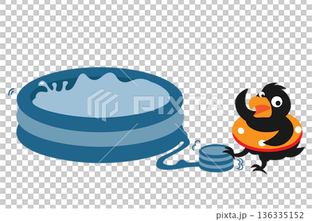 Illustration of a crow filling a blue plastic pool with air and water 136335152