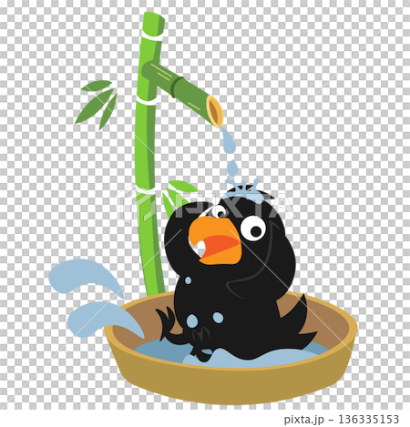 Illustration of a crow bathing in a bamboo shower 136335153