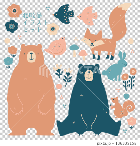 北欧風の動物ベクターイラストセット（カラー） 136335158