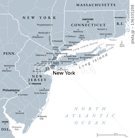 New York metropolitan area, gray political map. Greater New York or Tri-State area, comprising New York City, North and Central New Jersey, Hudson Valley, and Southwestern Connecticut. Vector 136335208