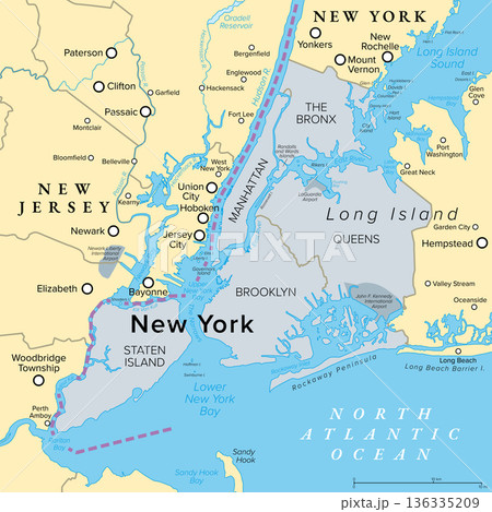 New York City, NYC, political map. Most populous city in the United States, at southern tip of New York State, compromising boroughs Manhattan, Brooklyn, Queens, The Bronx, and Staten Island. Vector 136335209