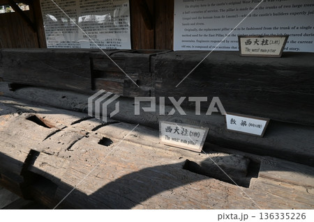 歴史を支えた城の遺構、展示された巨大な西大柱の旧材 歴史を支えた城の遺構、展示された巨大な西大柱の旧材 136335226