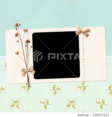 Nostalgic scrapbooking banner with moodboard pictures for scrapbooking. Retro background with paper texture, dry pressed leaves, flowers, linen bow and frame photo. Vintage style mood board layout 136335322