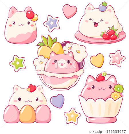 Set of stickers with cute cat-shaped dessert in kawaii style. Animal-shaped Cake, muffin, cupcake with whipped cream and strawberry. Can be used for t-shirt print, sticker, greeting card. Vector EPS8 Set of stickers with cute cat-shaped dessert in kawaii style. Animal-shaped Cake, muffin, cupcake with whipped cream and strawberry. Can be used for t-shirt print, sticker, greeting card. Vector EPS8 136335477