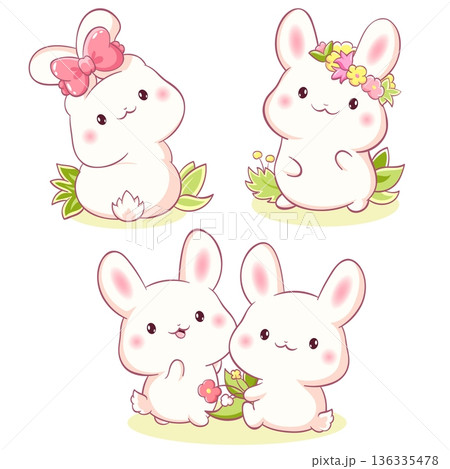 Set of little bunny in kawaii style. Tiny baby rabbits in multiple poses. Cute rabbit expression sheet collection. Can be used for t-shirt print, sticker, greeting card. Vector illustration EPS8 136335478