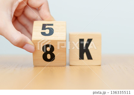 hand change wooden block from 5K to 8K, display resolution, Ultra High Definition, UHD, pixels, Technology, network, TV streaming, Social media and digital concepts 136335511