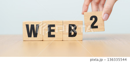 wooden block of WEB 2. Centralization, Blockchain, Decentralization, Social Media, Application Programming Interface, finance and Technology concept 136335544