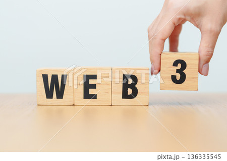 wooden block of WEB 3. Centralization, Blockchain, Decentralization, Social Media, Application Programming Interface, finance and Technology concept 136335545