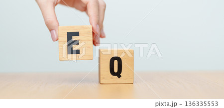 hand change wooden block from IQ to EQ, balance between intelligence quotient and emotional quotient, AQ Adversity, MQ, Moral, SQ and Social quotient concepts hand change wooden block from IQ to EQ, balance between intelligence quotient and emotional quotient, AQ Adversity, MQ, Moral, SQ and Social quotient concepts 136335553