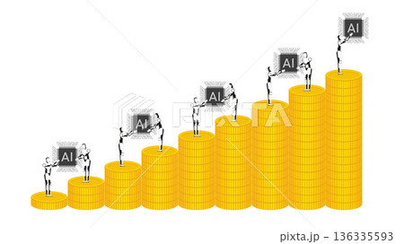 Autonomous AI Robots Managing Business Growth with Gold Coins and Chips 136335593