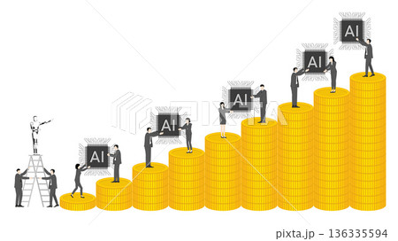 AI Robot Leader with Gold Coins and Chip Representing Strategic Leadership AI Robot Leader with Gold Coins and Chip Representing Strategic Leadership 136335594