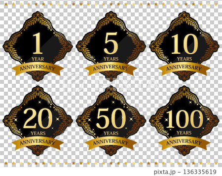 Set of 6 luxurious anniversary emblems in black and gold 136335619