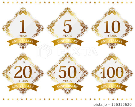 高級感のある周年記念エンブレム6種セット　ホワイト＆ゴールド 136335620