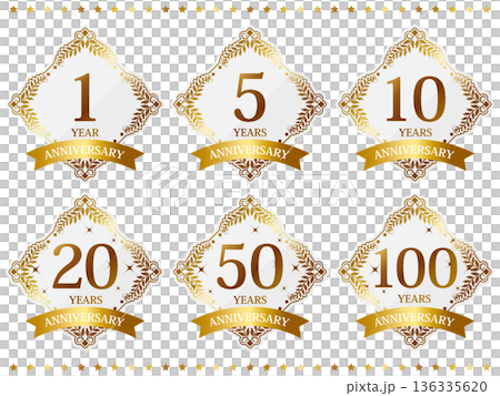 高級感のある周年記念エンブレム6種セット　ホワイト＆ゴールド 136335620