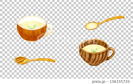 じゃがいものポタージュ（ポテトスープ）とスプーンのセット　料理・食べ物の手描き水彩イラスト素材 136335720