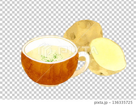 じゃがいものポタージュ（ポテトスープ）とじゃがいものセット　料理・食べ物の手描き水彩イラスト素材 136335725