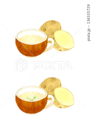 じゃがいものポタージュ（ポテトスープ）とじゃがいものセット　料理・食べ物の手描き水彩イラスト素材 136335729