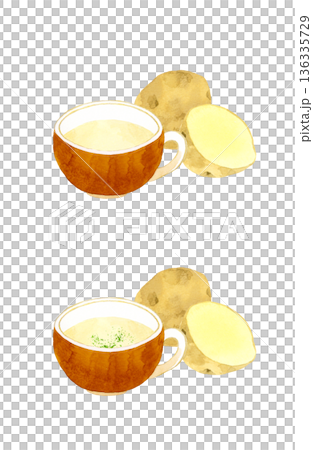 じゃがいものポタージュ（ポテトスープ）とじゃがいものセット　料理・食べ物の手描き水彩イラスト素材 136335729