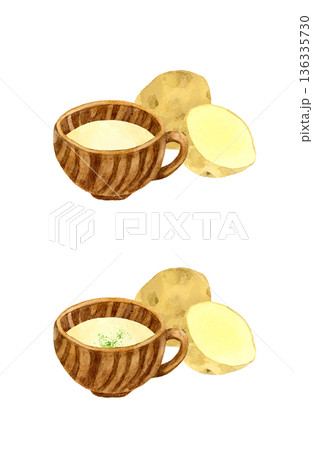 じゃがいものポタージュ(ポテトスープ)とじゃがいものセット 料理・食べ物の手描き水彩イラスト素材 じゃがいものポタージュ(ポテトスープ)とじゃがいものセット 料理・食べ物の手描き水彩イラスト素材 136335730