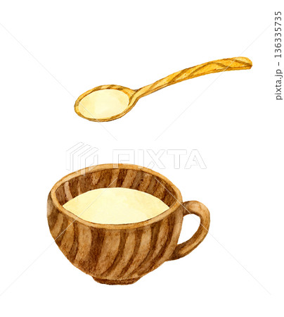じゃがいものポタージュ（ポテトスープ）とスプーンのセット　料理・食べ物の手描き水彩イラスト素材 136335735