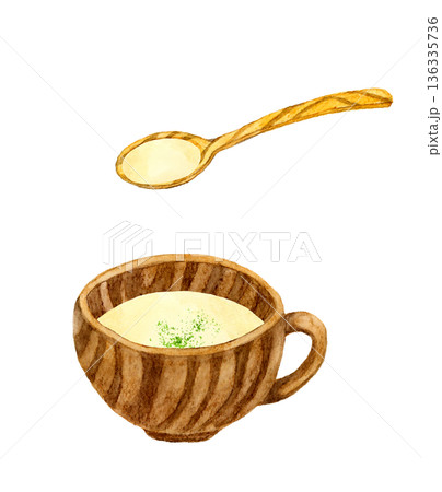 じゃがいものポタージュ（ポテトスープ）とスプーンのセット　料理・食べ物の手描き水彩イラスト素材 136335736