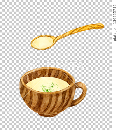 じゃがいものポタージュ（ポテトスープ）とスプーンのセット　料理・食べ物の手描き水彩イラスト素材 136335736