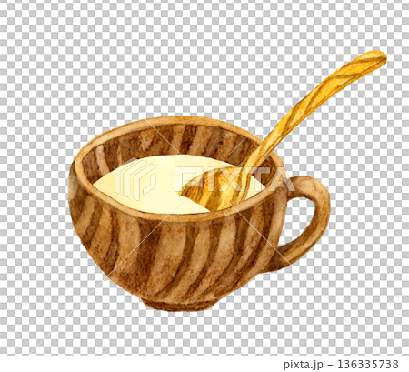 じゃがいものポタージュ(ポテトスープ)とスプーンのセット 料理・食べ物の手描き水彩イラスト素材 じゃがいものポタージュ(ポテトスープ)とスプーンのセット 料理・食べ物の手描き水彩イラスト素材 136335738