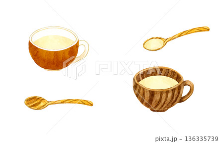 じゃがいものポタージュ（ポテトスープ）とスプーンのセット　料理・食べ物の手描き水彩イラスト素材 136335739