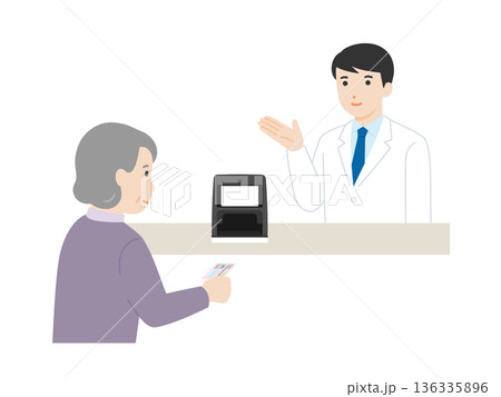 マイナンバーカード受付を案内する薬剤師 136335896