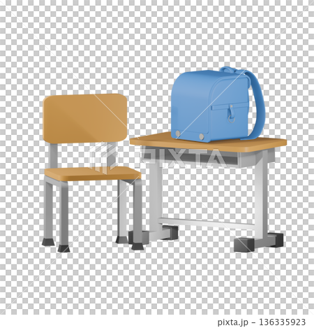 机の上に置かれたランドセルと椅子の3Dイラスト｜3DCG 136335923