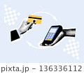 Hand holding credit card making contactless payment on POS terminal. Flat vector illustration with halftone texture. Cashless payment and fintech transaction concept. 136336112
