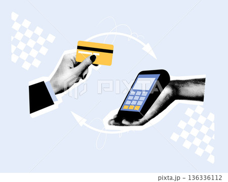 Hand holding credit card making contactless payment on POS terminal. Flat vector illustration with halftone texture. Cashless payment and fintech transaction concept. Hand holding credit card making contactless payment on POS terminal. Flat vector illustration with halftone texture. Cashless payment and fintech transaction concept. 136336112