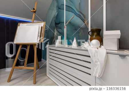 Creative Artist Studio Corner in Modern Attic Interior Creative Artist Studio Corner in Modern Attic Interior 136336156