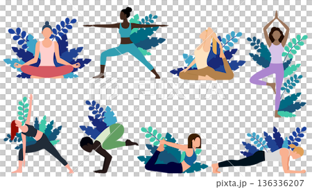 一組包含八個不同瑜珈姿勢的圖片，模特兒為不同種族的女性。 136336207