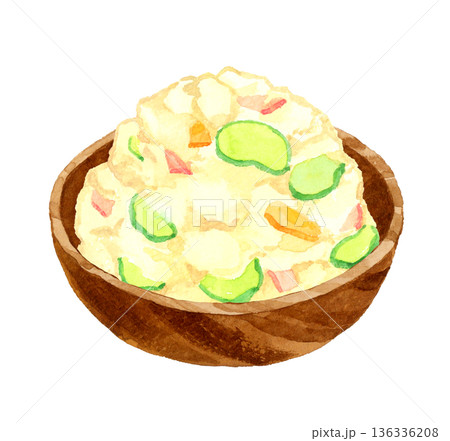 木製の器に盛り付けたポテトサラダ 料理・食べ物の手描き水彩イラスト素材 木製の器に盛り付けたポテトサラダ 料理・食べ物の手描き水彩イラスト素材 136336208